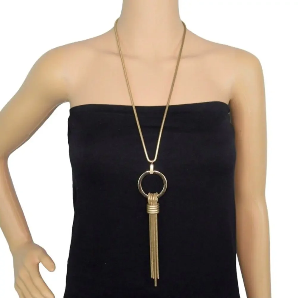 CHICO’S Gabby Pendant Necklace Gold Looped Long Snakechain Tassel